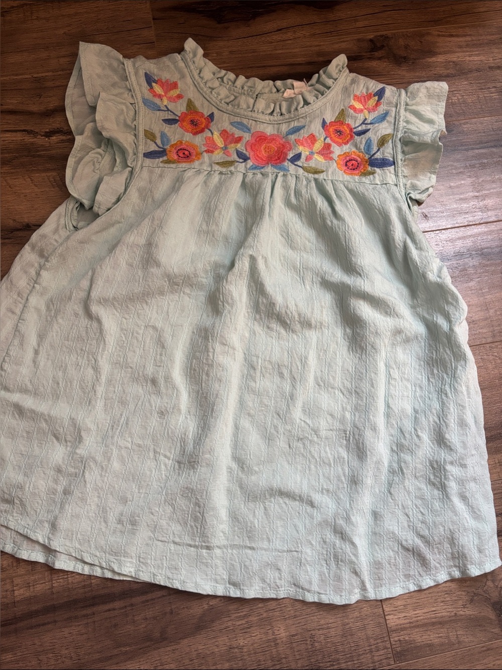 Blu Pepper Mint Green Flutter Sleeve Embroidered Yoke Top